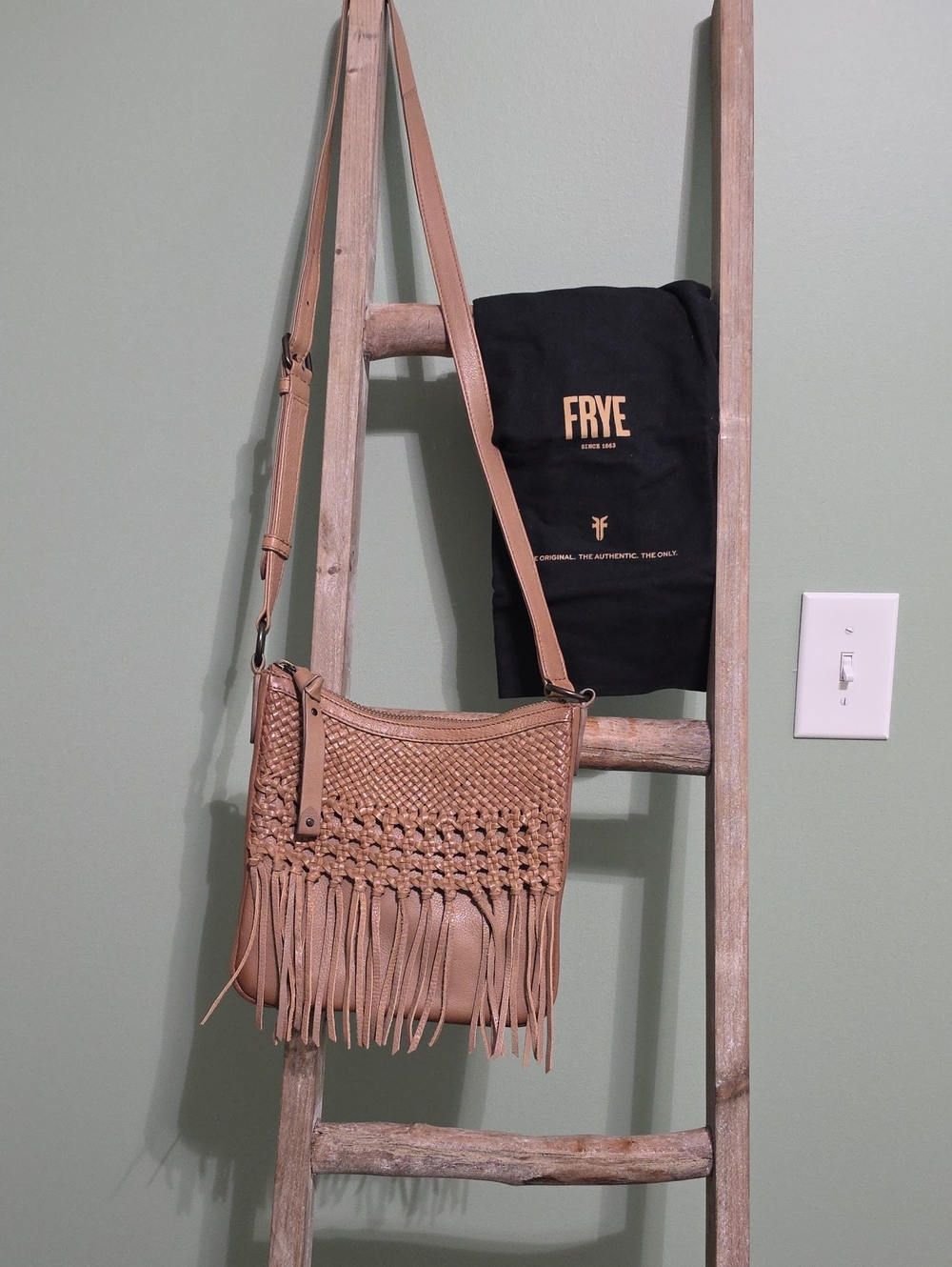 FRYE Tan Woven Fringe Leather Crossbody Bag With Duster Bag